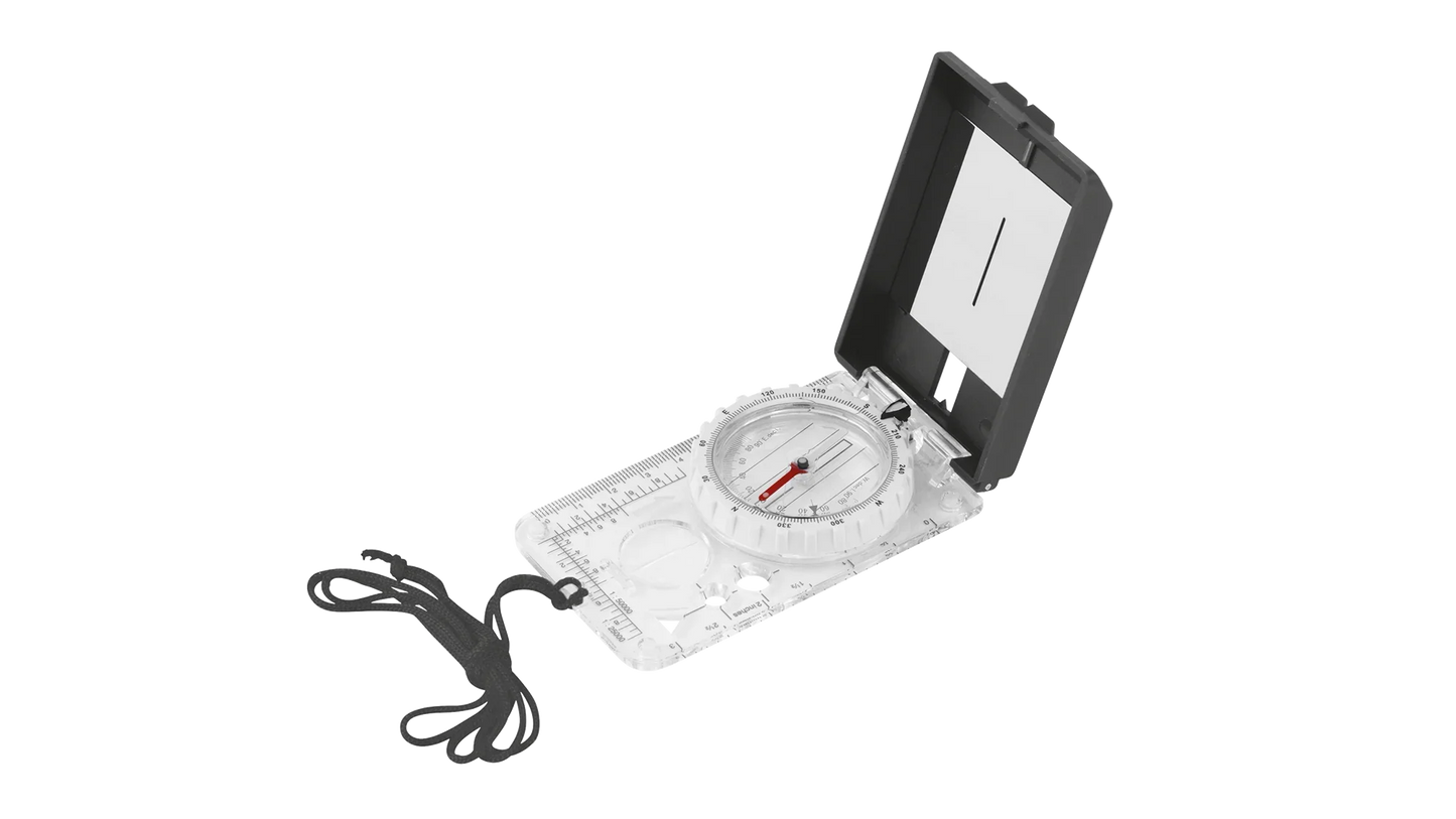 Clear baseplate compass with black lid and lanyard for outdoor navigation and hiking adventures