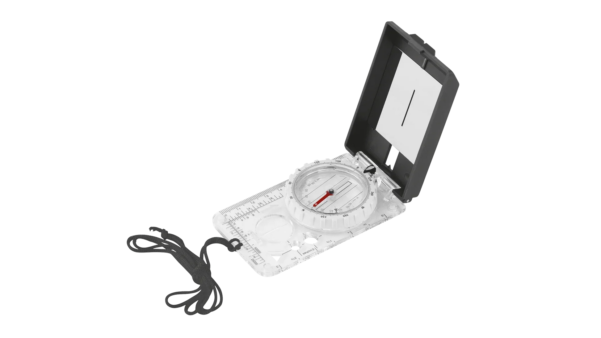 Clear baseplate compass with black lid and lanyard for outdoor navigation and hiking adventures