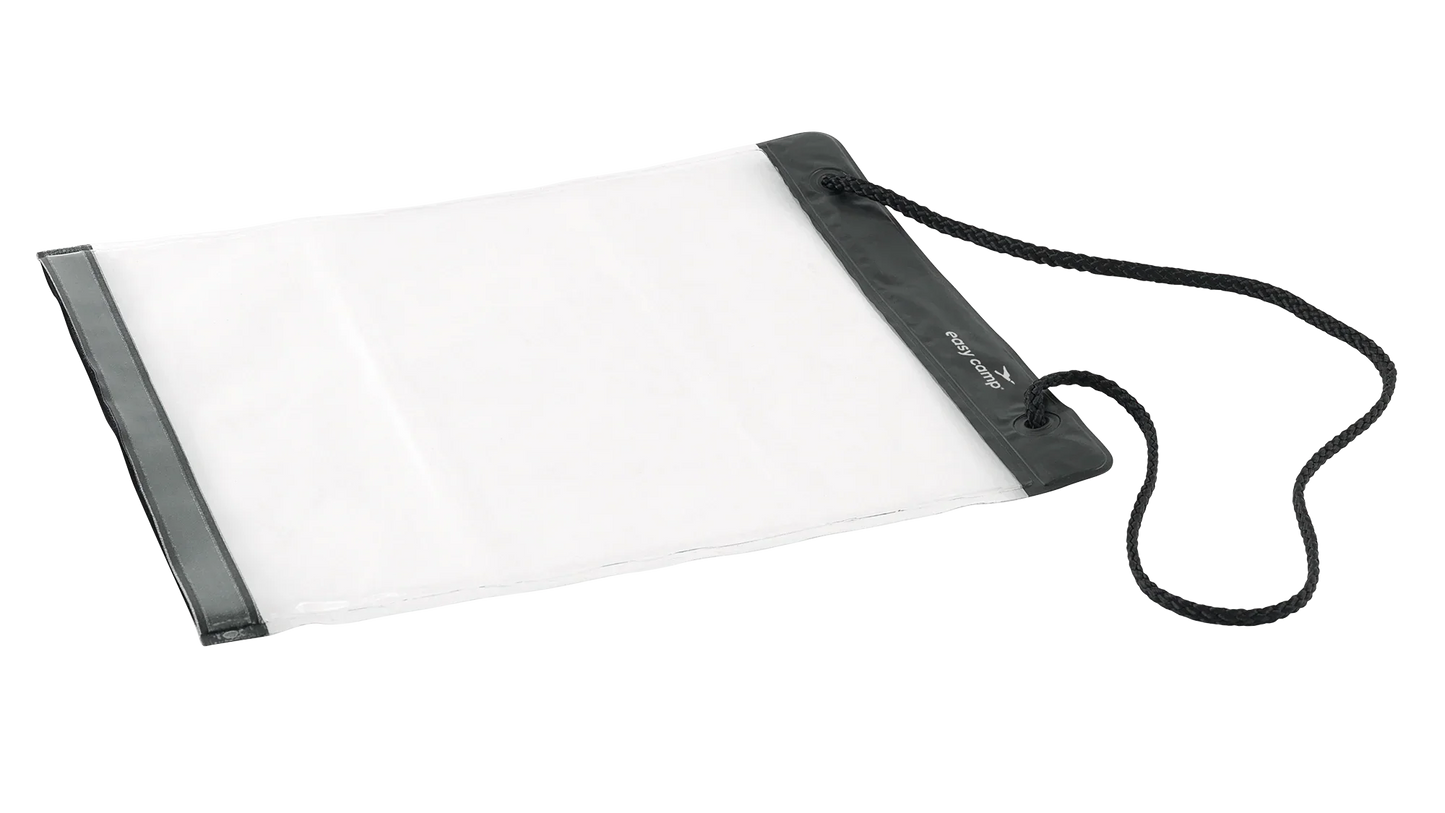 Clear waterproof document bag with black strap for camping and outdoor adventures