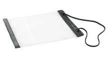 Clear waterproof document bag with black strap for camping and outdoor adventures