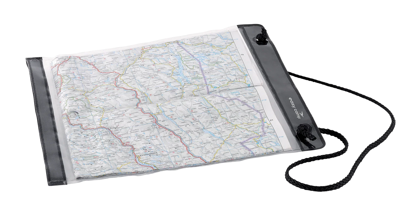 Waterproof map case for camping and outdoor adventures with easy-camp branding