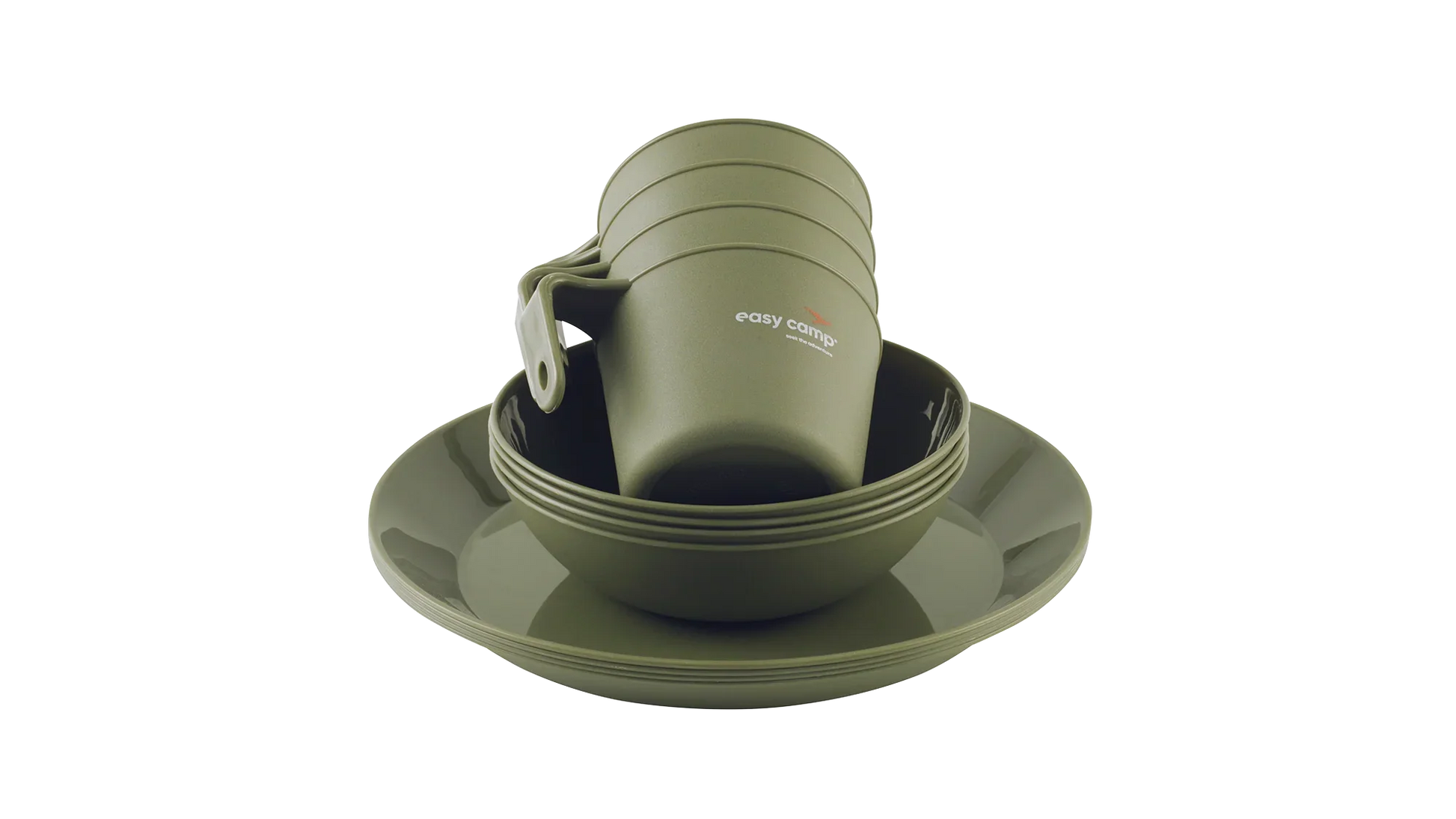 Olive green camping tableware set with cups, bowls, and plates for outdoor adventures