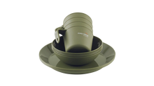 Olive green camping tableware set with cups, bowls, and plates for outdoor adventures