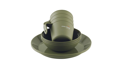 Olive green camping tableware set with cups, bowls, and plates for outdoor adventures