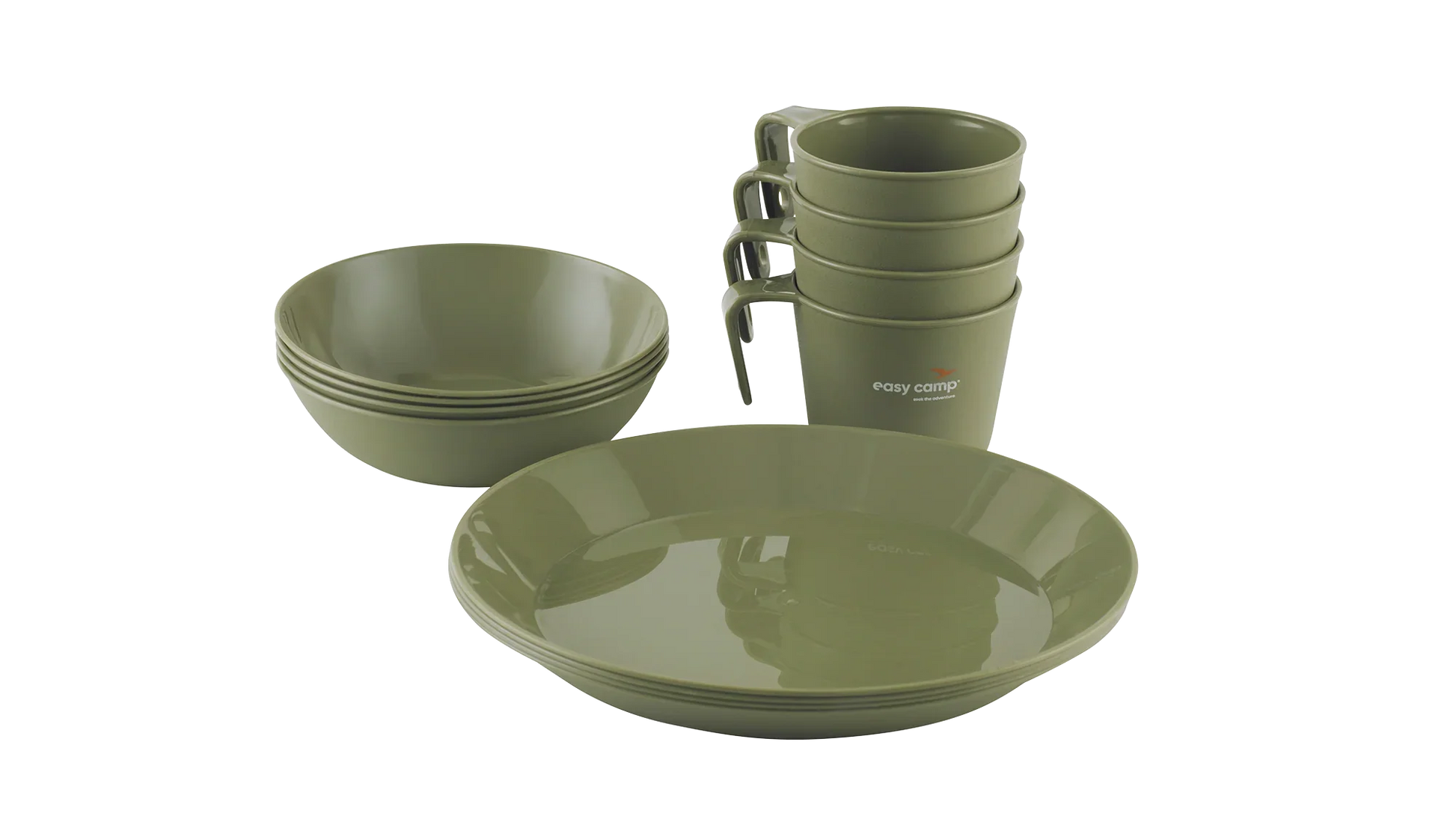 Olive green camping tableware set with plates, bowls, and mugs for outdoor adventures