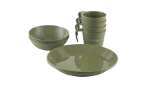Olive green camping tableware set with plates, bowls, and mugs for outdoor adventures
