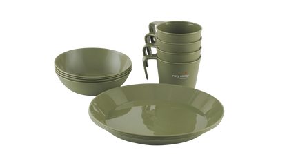 Olive green camping tableware set with plates, bowls, and mugs for outdoor adventures