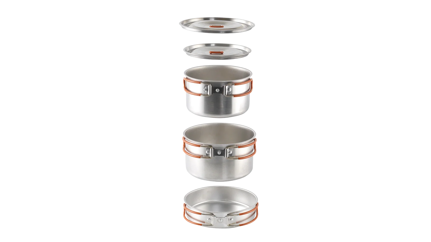Stackable camping cookware set with lids and orange handles for outdoor adventures