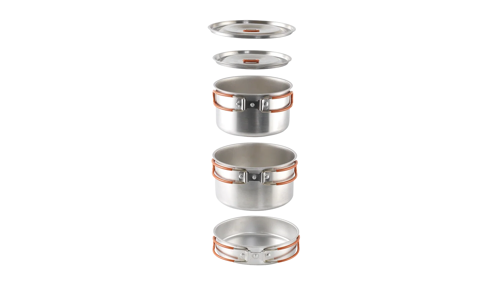 Stackable camping cookware set with lids and orange handles for outdoor adventures