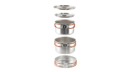Stackable camping cookware set with lids and orange handles for outdoor adventures