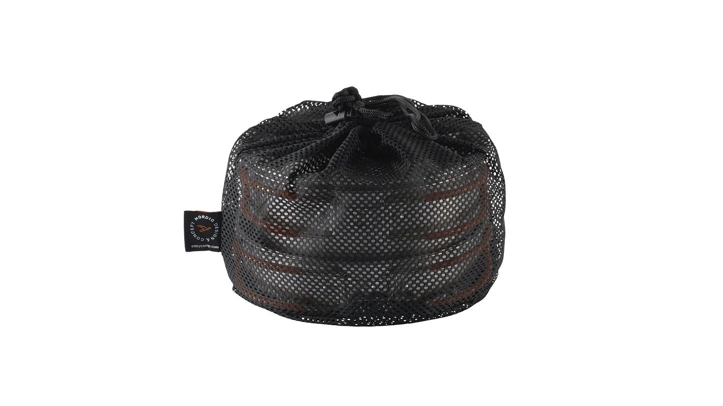 Black mesh storage bag for camping gear with drawstring closure