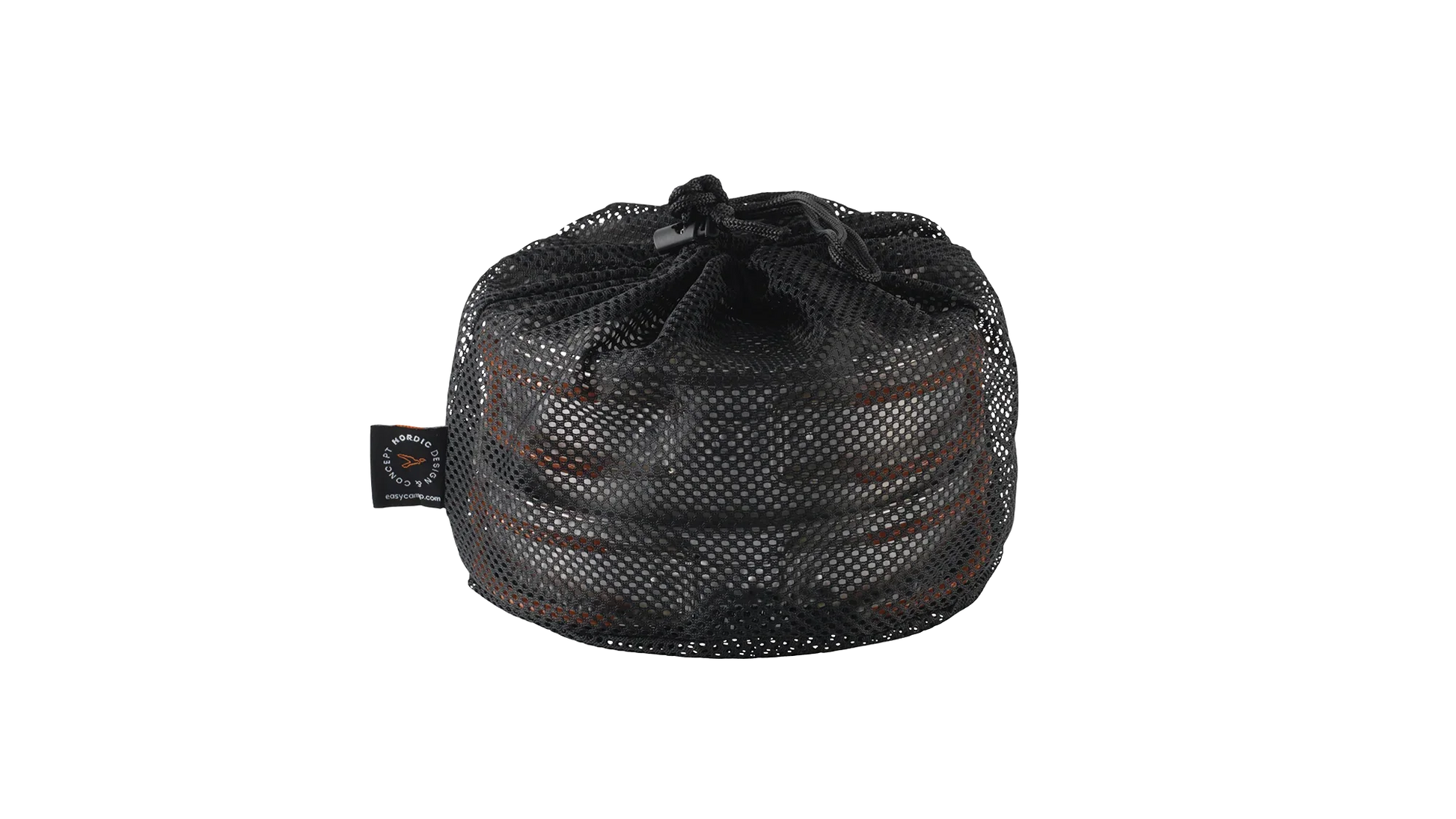 Black mesh storage bag for camping gear with drawstring closure