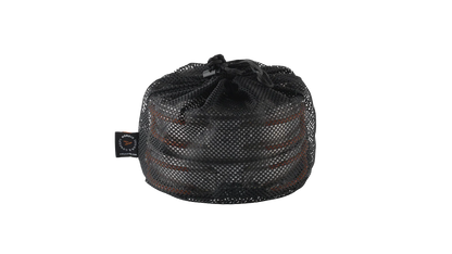 Black mesh storage bag for camping gear with drawstring closure