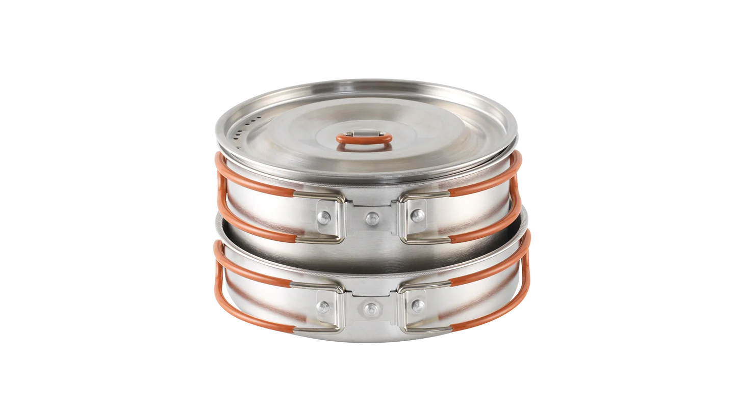 Stackable stainless steel camping cookware with orange handles for outdoor adventures