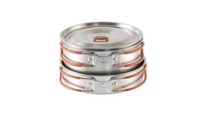 Stackable stainless steel camping cookware with orange handles for outdoor adventures