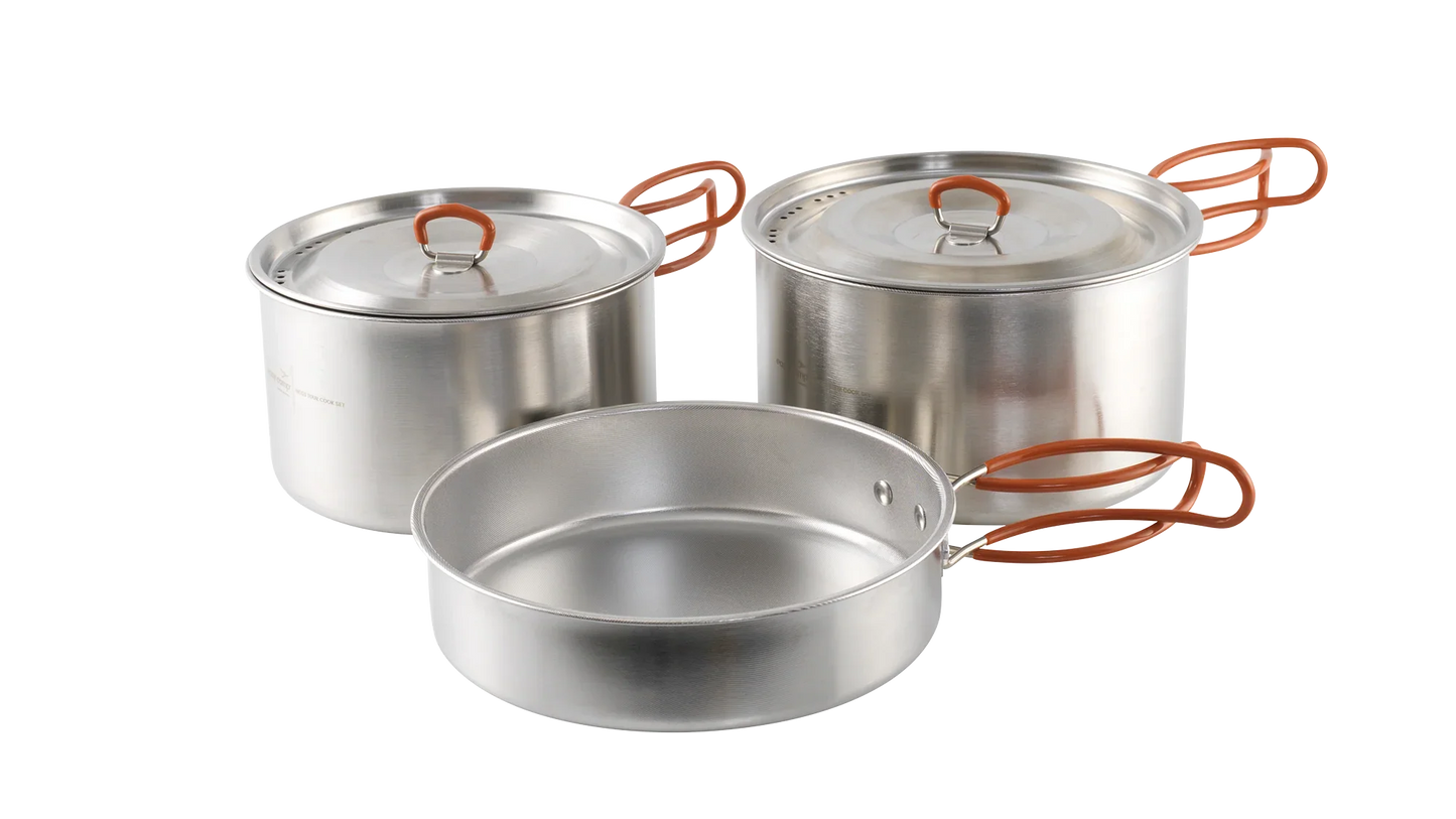 Stainless steel camping cookware set with orange handles for outdoor cooking adventures