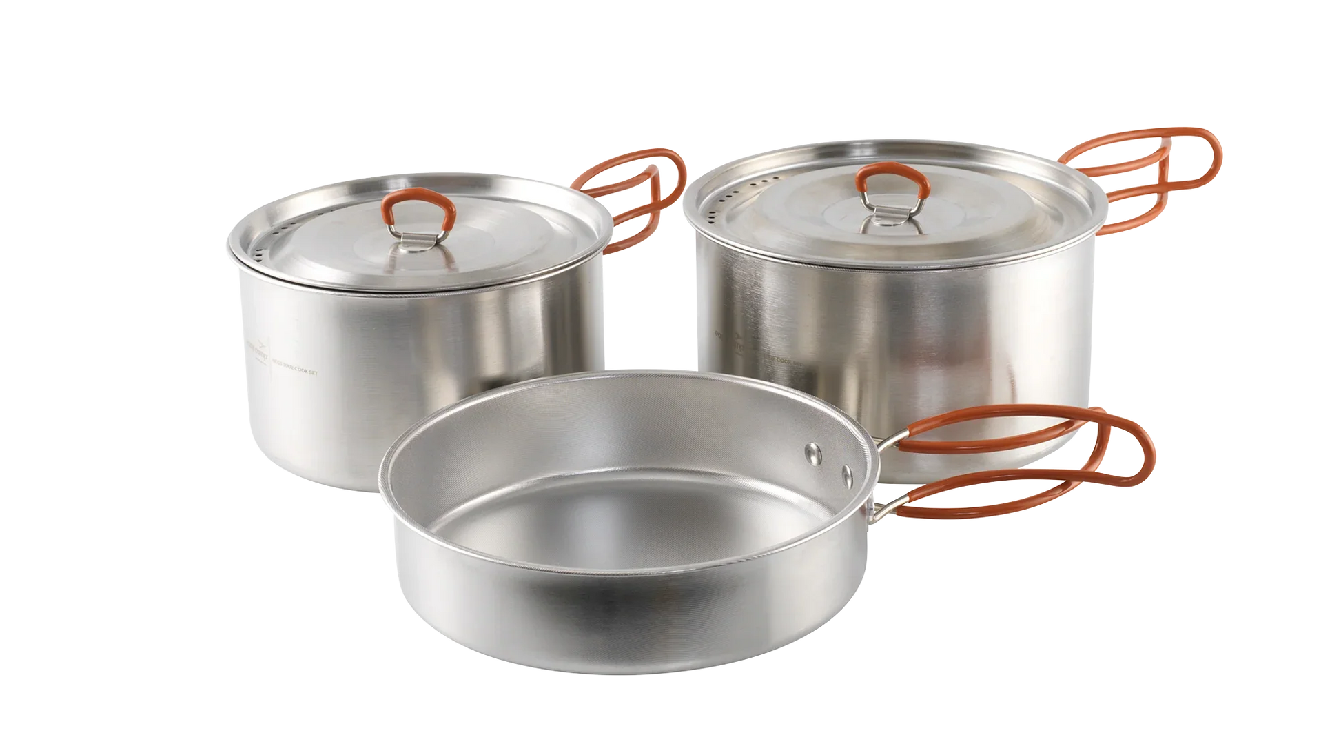 Stainless steel camping cookware set with orange handles for outdoor cooking adventures