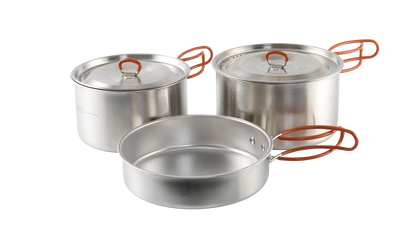 Stainless steel camping cookware set with orange handles for outdoor cooking adventures