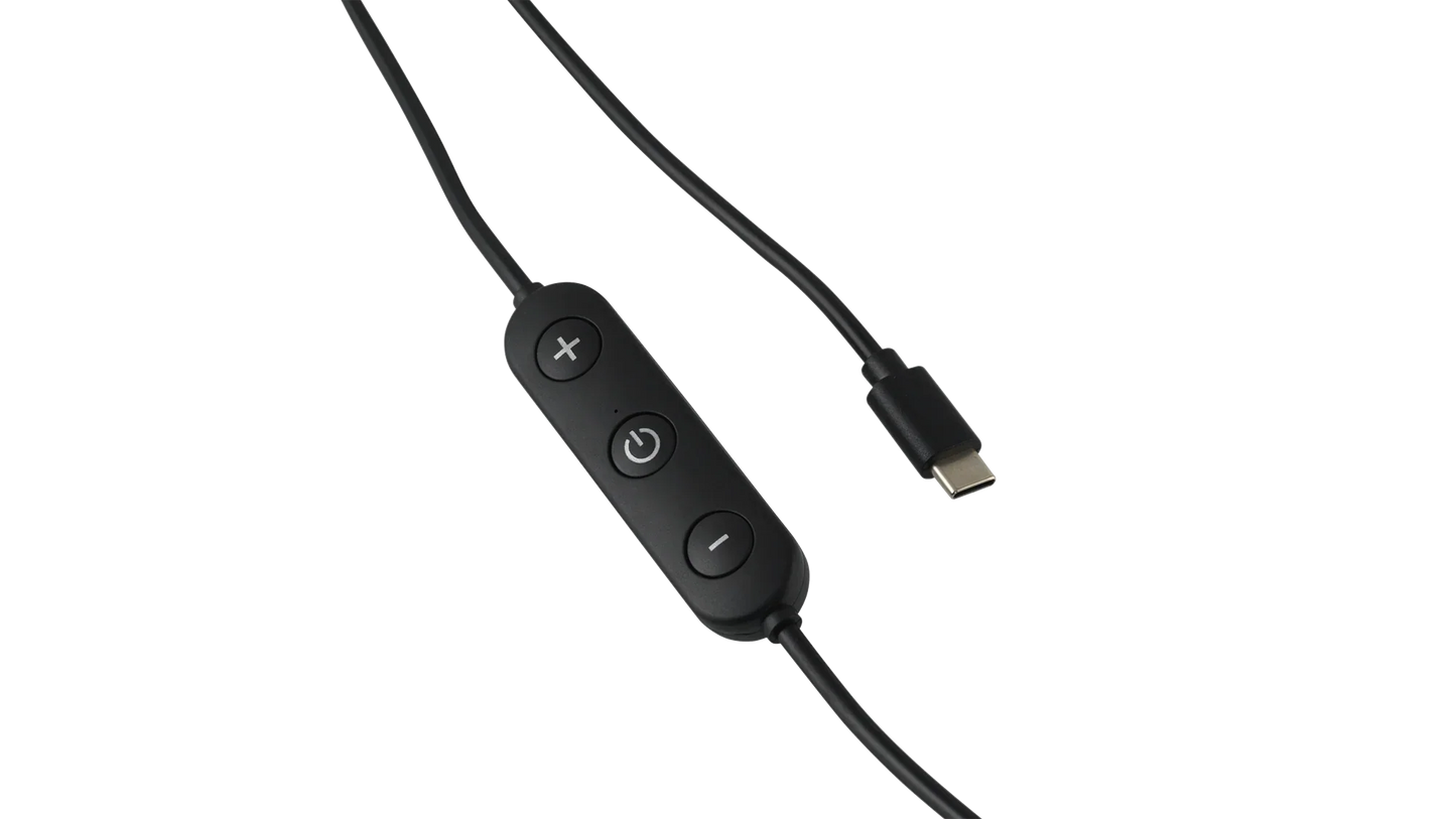 Black USB-C cable with volume and power controls for outdoor gear