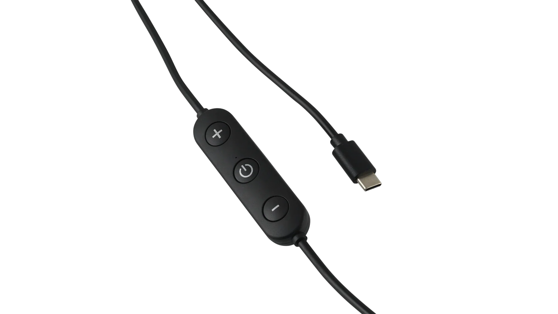 Black USB-C cable with volume and power controls for outdoor gear
