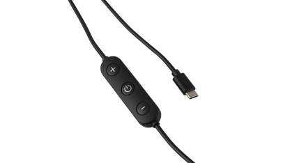 Black USB-C cable with volume and power controls for outdoor gear