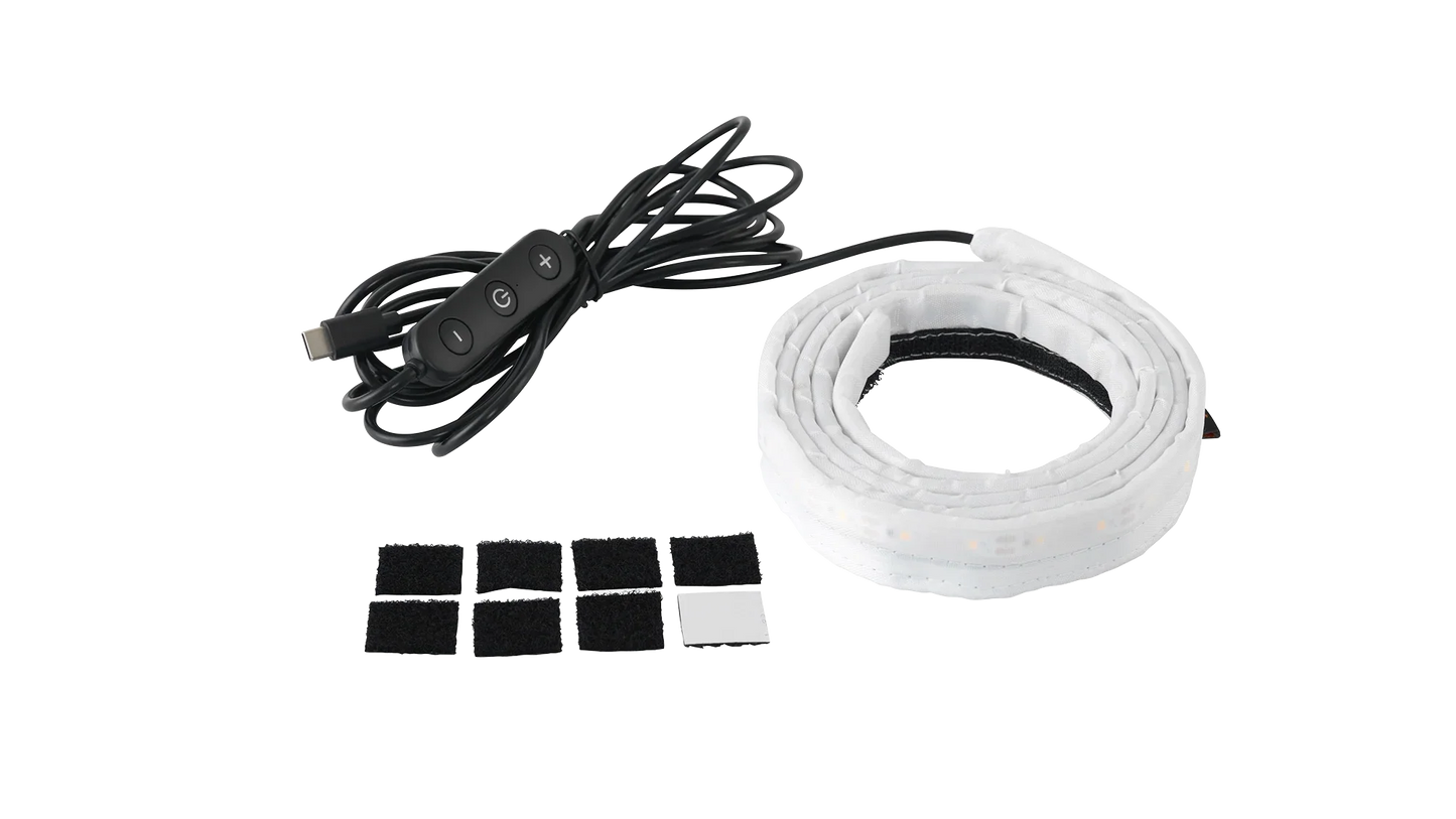 USB-powered LED strip with remote control and mounting pads for camping gear lighting