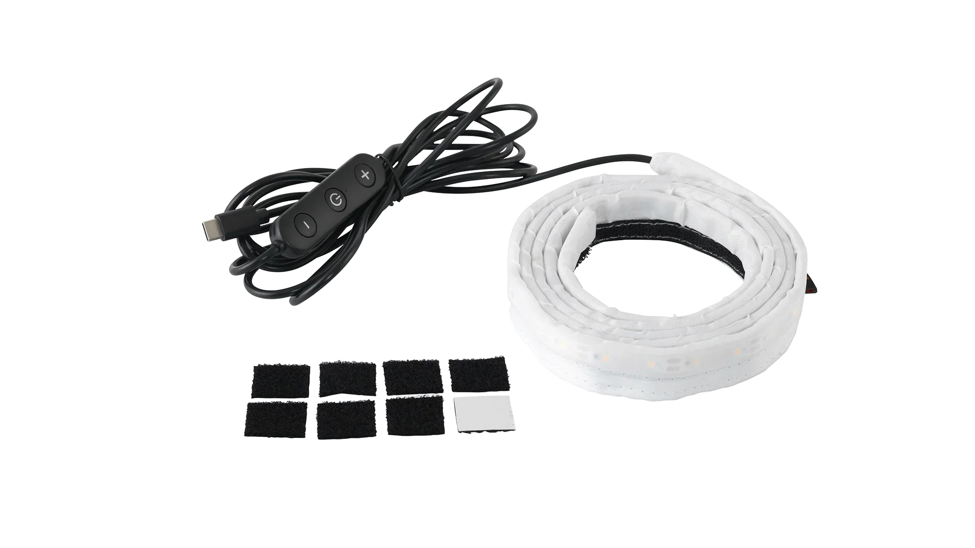USB-powered LED strip with remote control and mounting pads for camping gear lighting