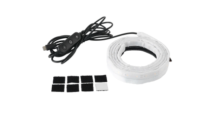 USB-powered LED strip with remote control and mounting pads for camping gear lighting