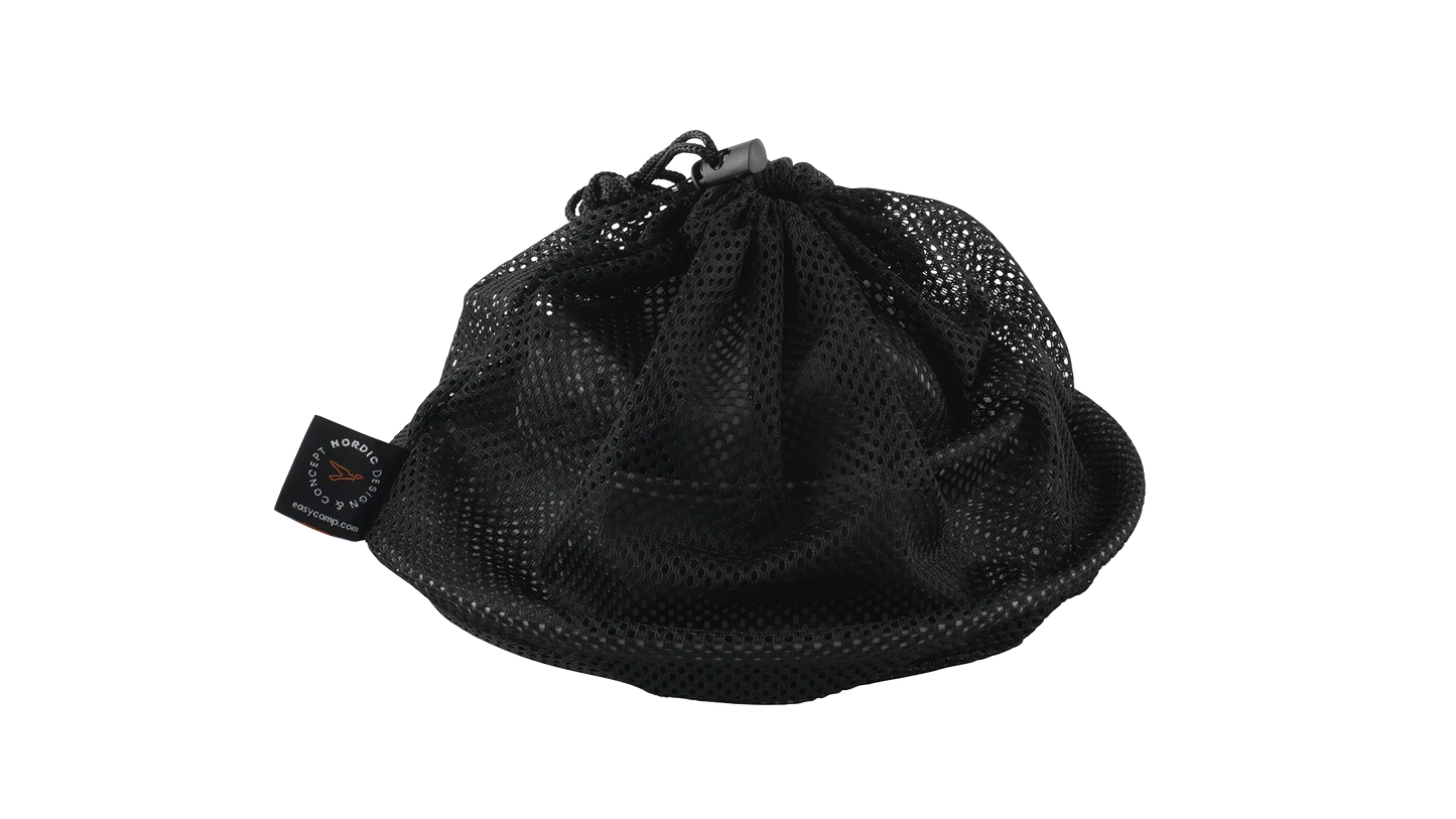 Black mesh drawstring bag for camping gear storage