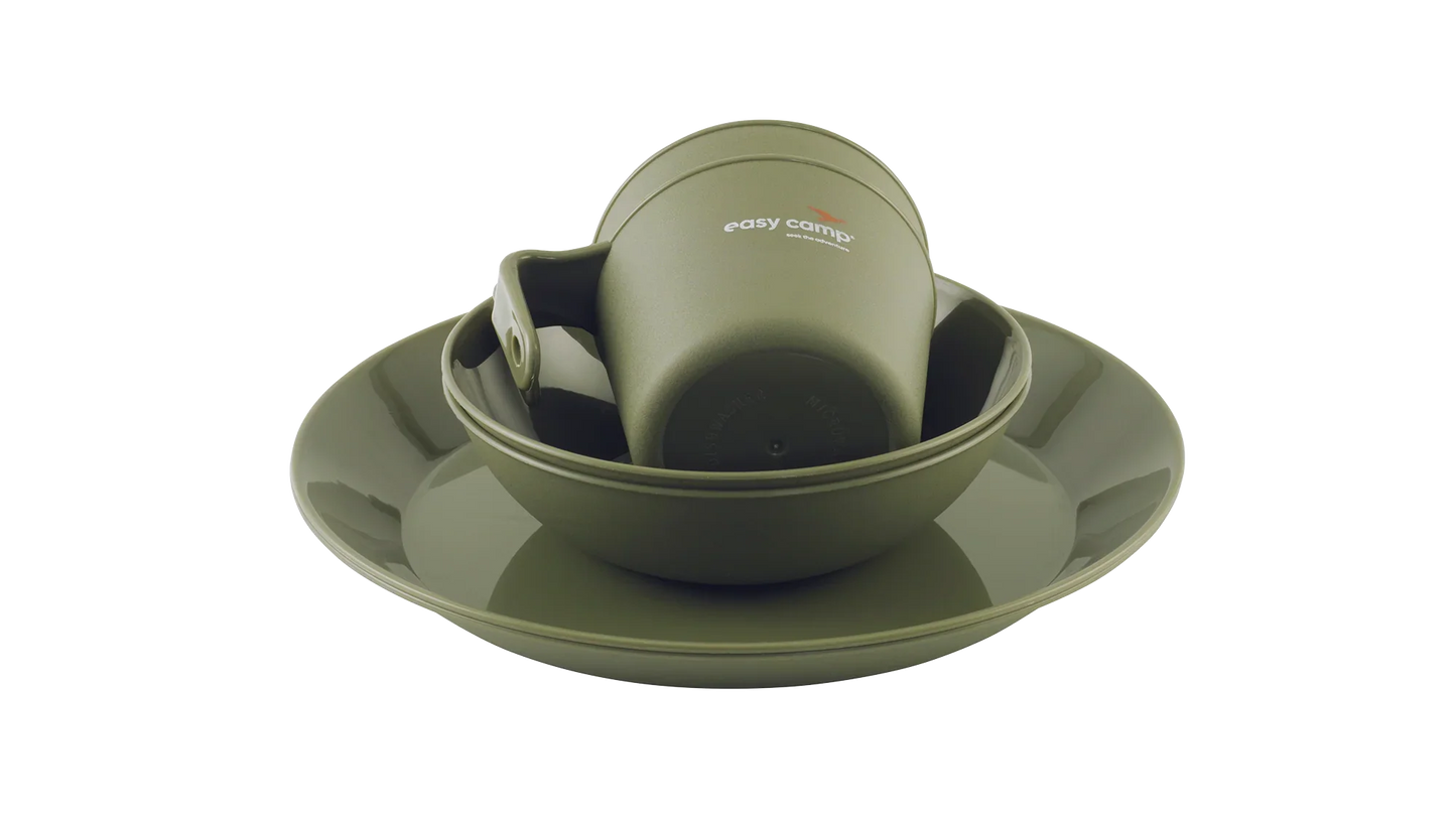 Olive green camping dish set with bowl, plate, and mug for outdoor adventures