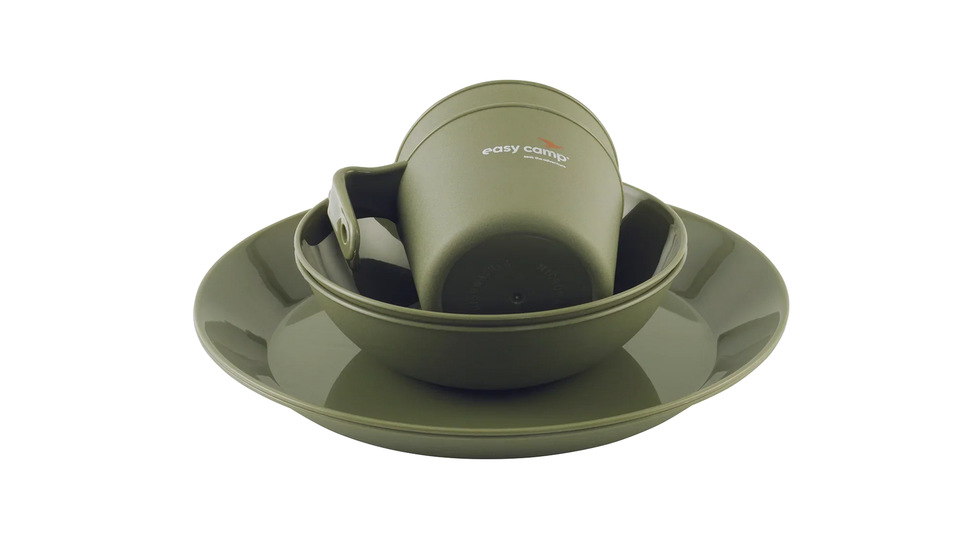 Olive green camping dish set with bowl, plate, and mug for outdoor adventures