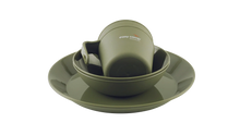 Olive green camping dish set with bowl, plate, and mug for outdoor adventures