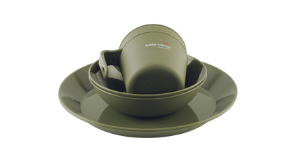 Olive green camping dish set with bowl, plate, and mug for outdoor adventures