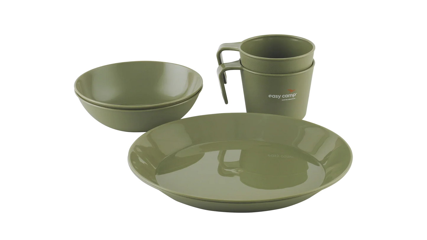 Olive green camping tableware set with plates, bowls, and mugs for outdoor adventures