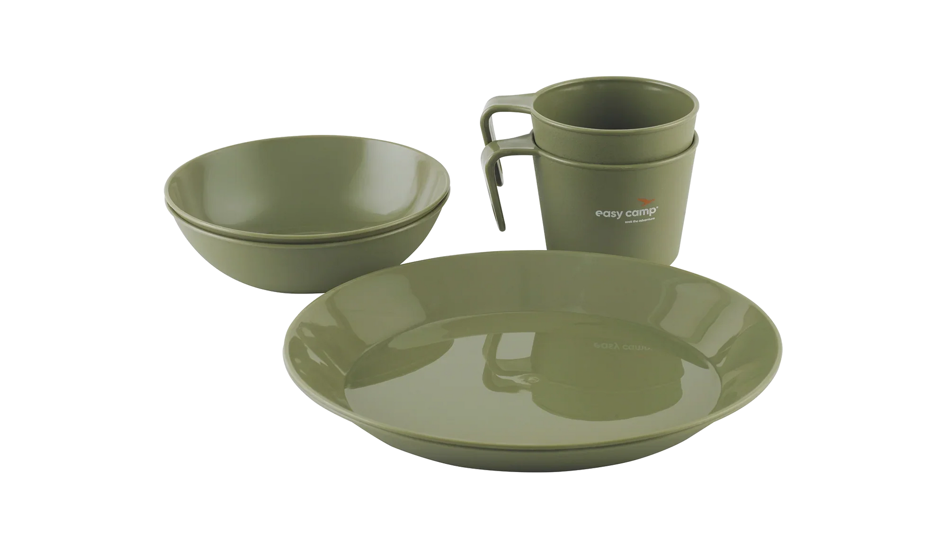 Olive green camping tableware set with plates, bowls, and mugs for outdoor adventures