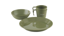Olive green camping tableware set with plates, bowls, and mugs for outdoor adventures
