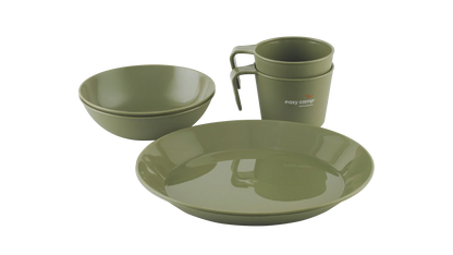 Olive green camping tableware set with plates, bowls, and mugs for outdoor adventures
