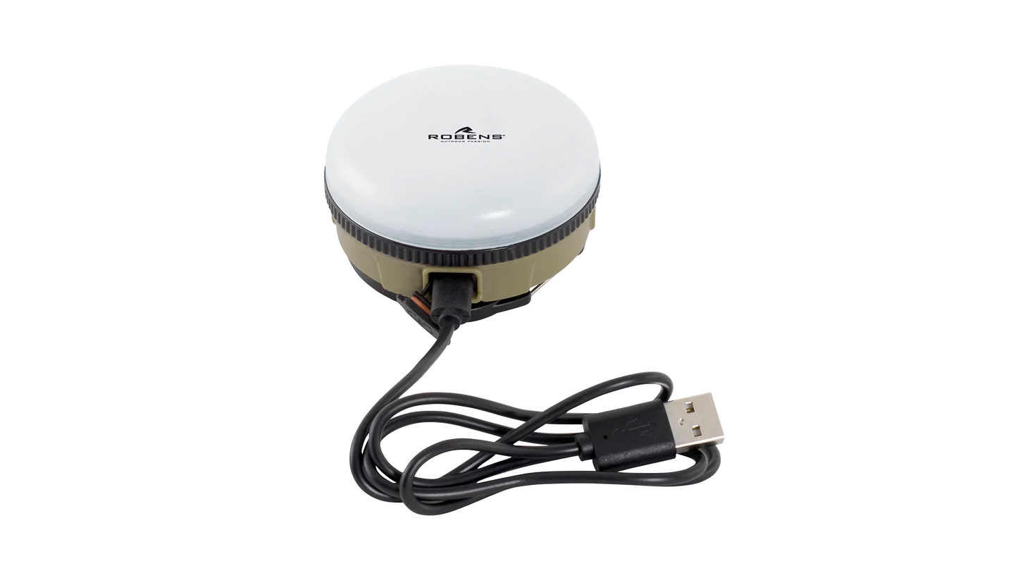 Robens USB rechargeable camping lantern with coiled cable for outdoor adventures
