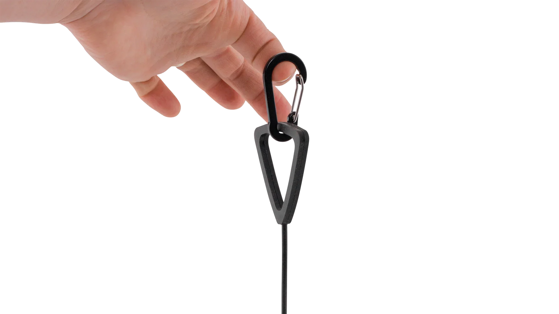 Black camping guy line tensioner with carabiner hook for tent or awning setup