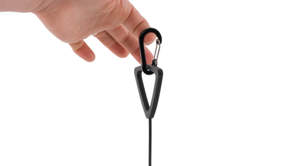 Black camping guy line tensioner with carabiner hook for tent or awning setup