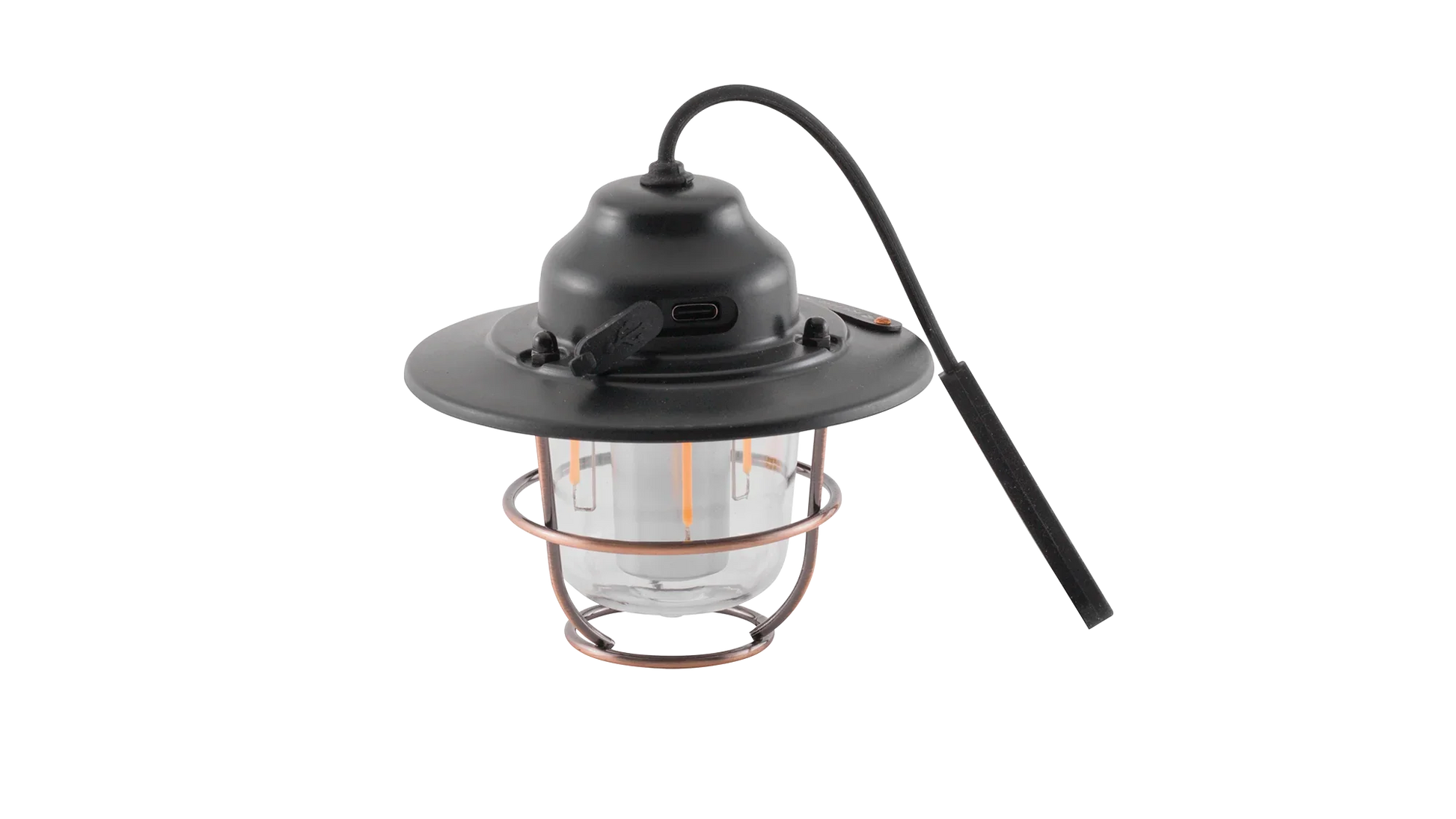 Portable camping lantern with copper cage, USB charging, and hanging hook for outdoor adventures