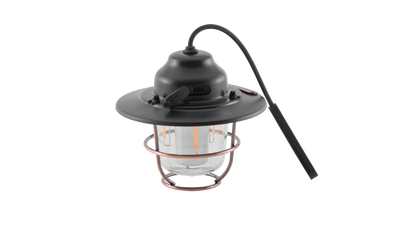 Portable camping lantern with copper cage, USB charging, and hanging hook for outdoor adventures