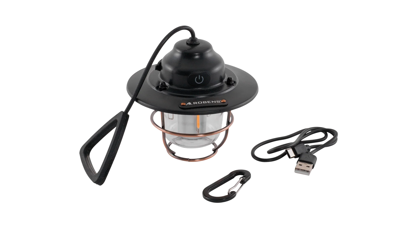 Robens LED camping lantern with USB charging cable and carabiner for outdoor adventures