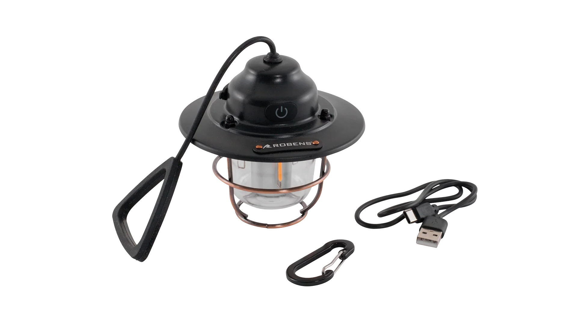 Robens LED camping lantern with USB charging cable and carabiner for outdoor adventures