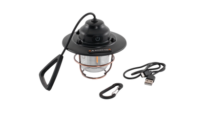 Robens LED camping lantern with USB charging cable and carabiner for outdoor adventures