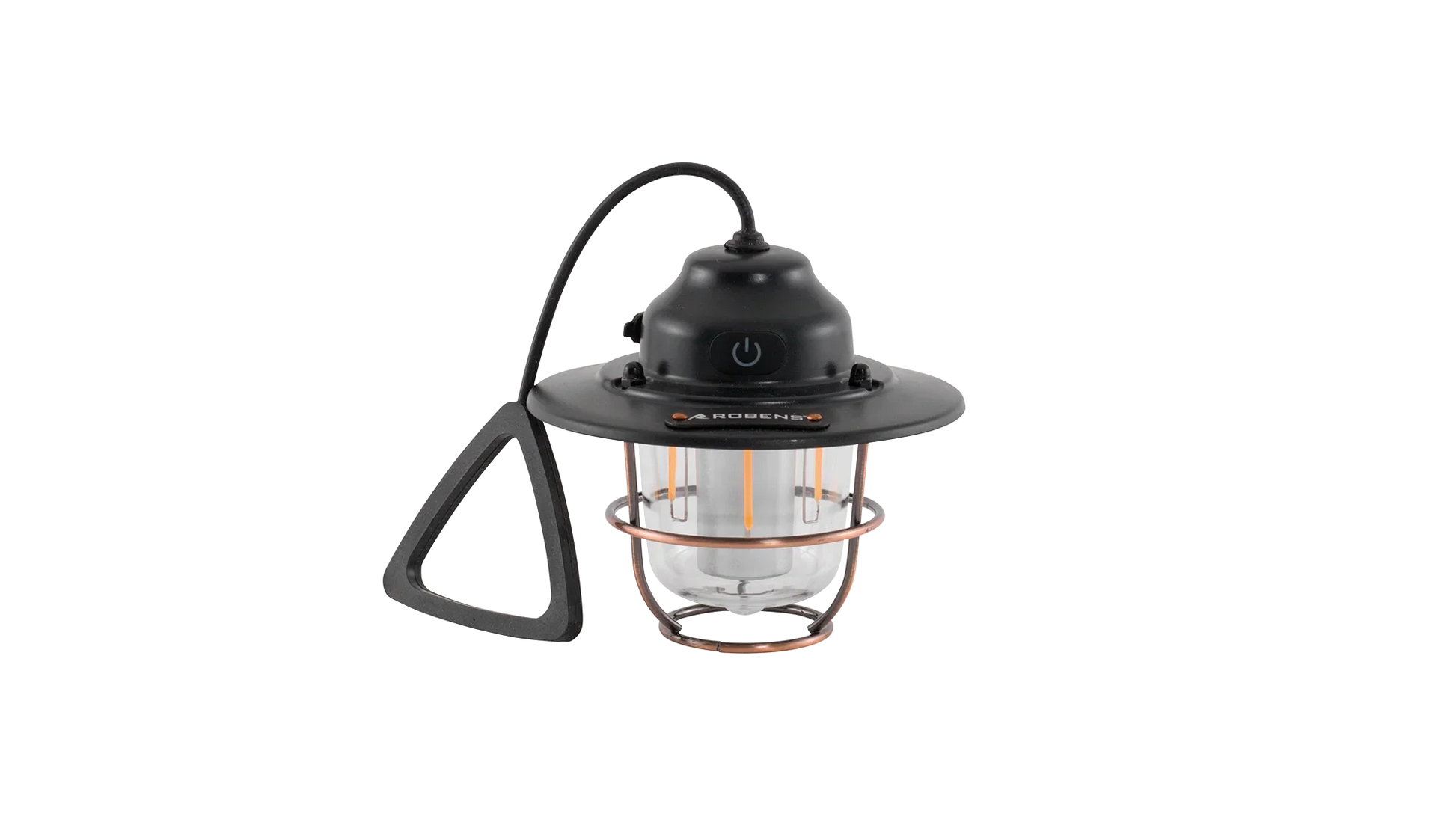 Portable camping lantern with copper cage and black handle for outdoor adventures