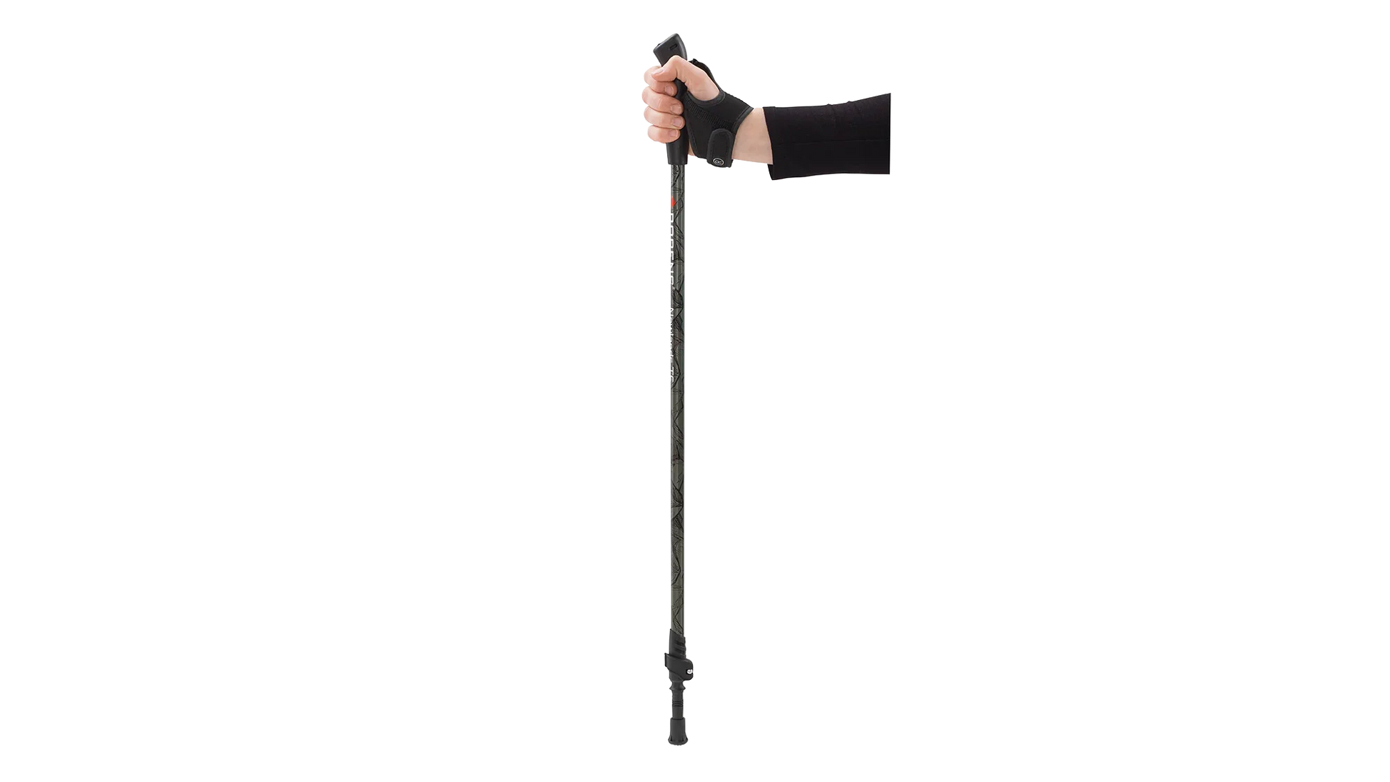 Hand holding adjustable trekking pole with ergonomic grip for hiking and outdoor adventures