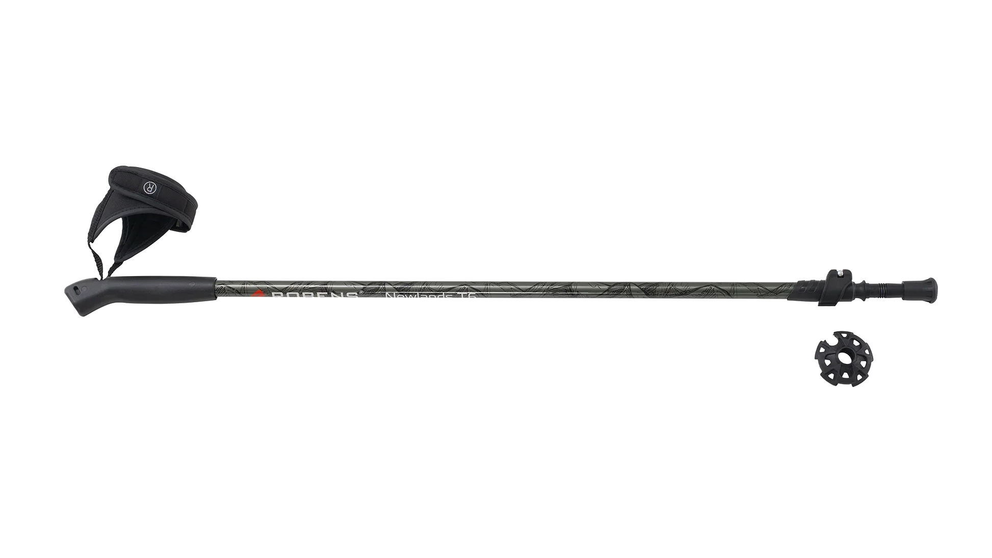 Black trekking pole with ergonomic grip, wrist strap, and snow basket for hiking and outdoor adventures