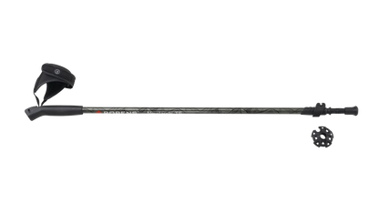 Black trekking pole with ergonomic grip, wrist strap, and snow basket for hiking and outdoor adventures