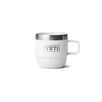 White YETI insulated mug with stainless steel rim, ideal for camping and outdoor adventures.
